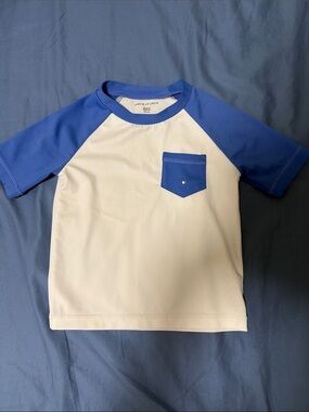 Janie and Jack White Short Sleeve swim Rash guard with Blue  Sleeves & Pocket